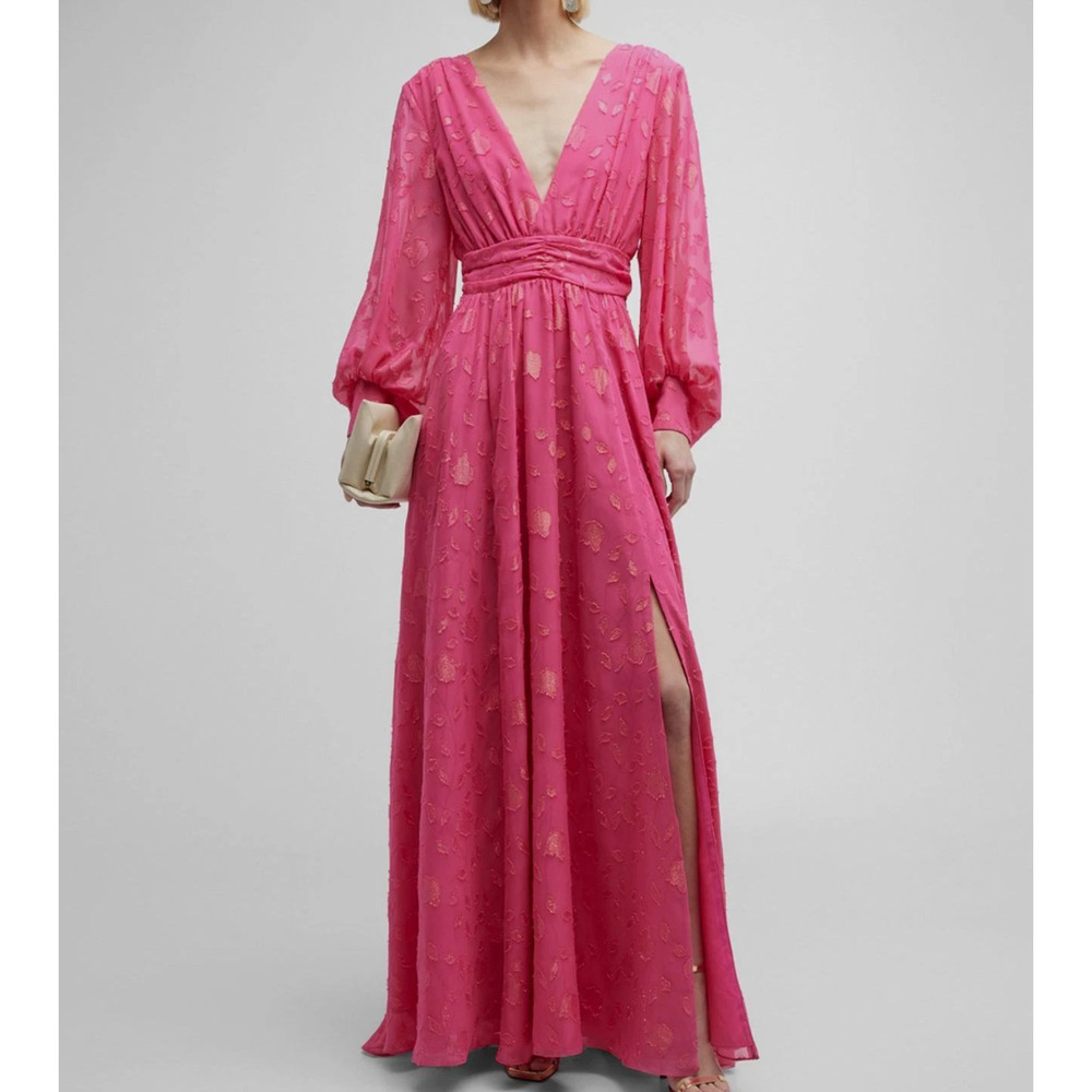 One33 Social Kathy Floral Burnout Deep V-Neck Balloon-Sleeve Maxi Gown Pink 8